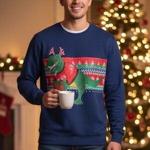 Holiday Time $32 Large Navy Blue Green Dinosaur‎ T-Rex Ugly Christmas Sweatshirt
